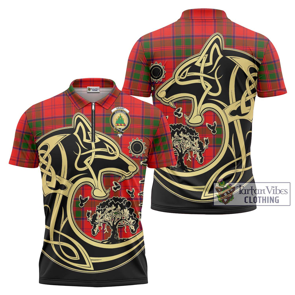 Grant Modern Tartan Zipper Polo Shirt with Family Crest Celtic Wolf Style Unisex - Tartanvibesclothing Shop