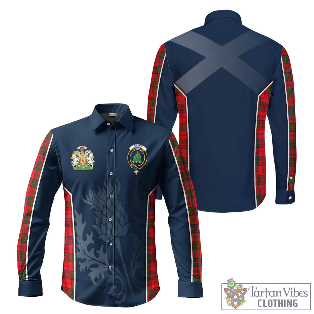 Tartan Vibes Clothing Grant Modern Tartan Long Sleeve Button Up Shirt with Family Crest and Scottish Thistle Vibes Sport Style