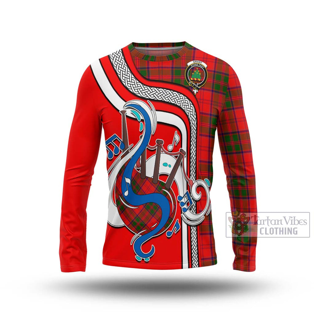 Tartan Vibes Clothing Grant Modern Tartan Long Sleeve T-Shirt with Epic Bagpipe Style