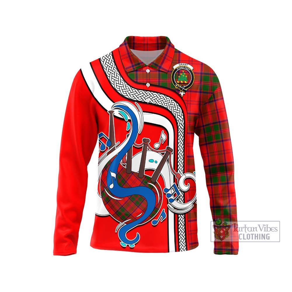 Tartan Vibes Clothing Grant Modern Tartan Long Sleeve Polo Shirt with Epic Bagpipe Style