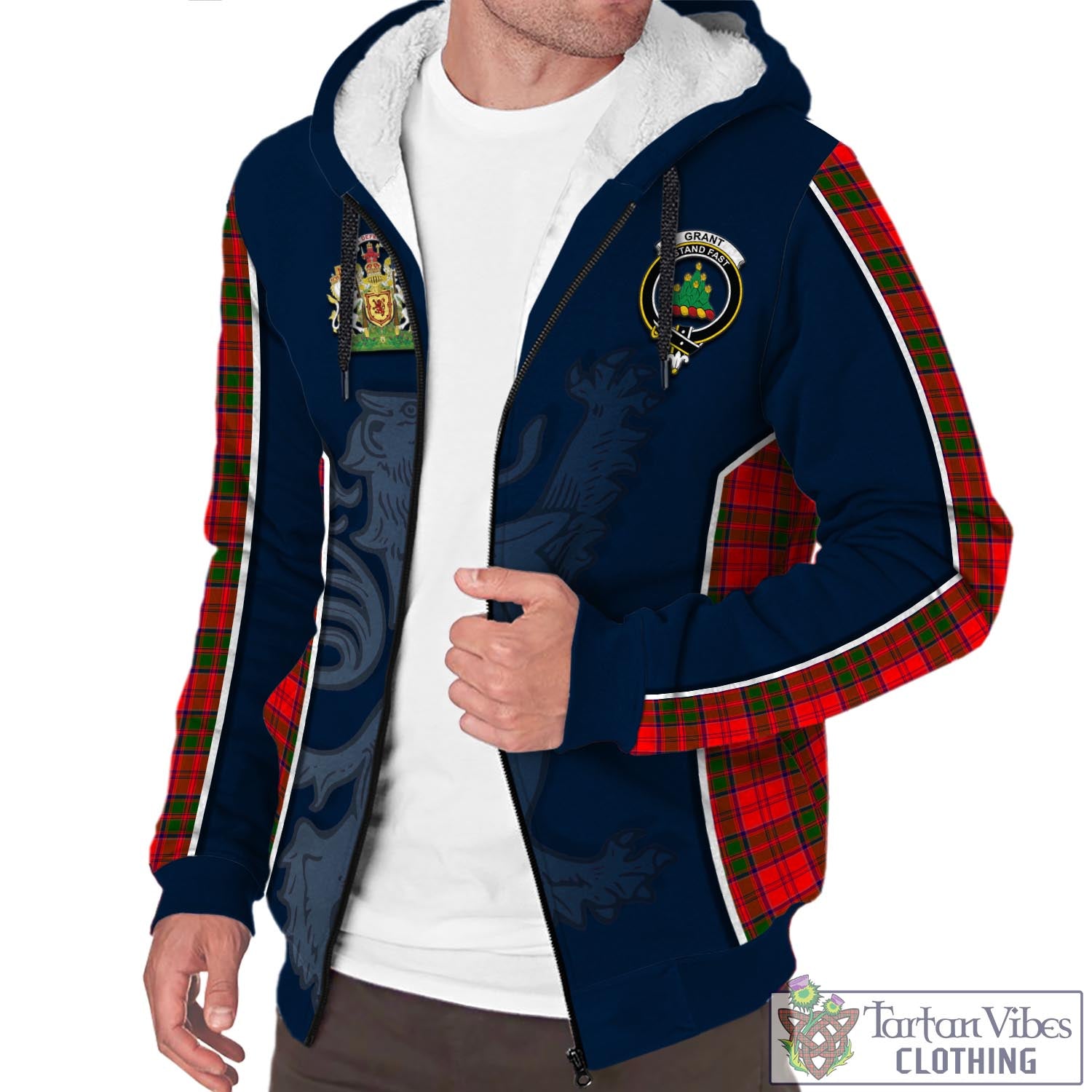 Tartan Vibes Clothing Grant Modern Tartan Sherpa Hoodie with Family Crest and Lion Rampant Vibes Sport Style