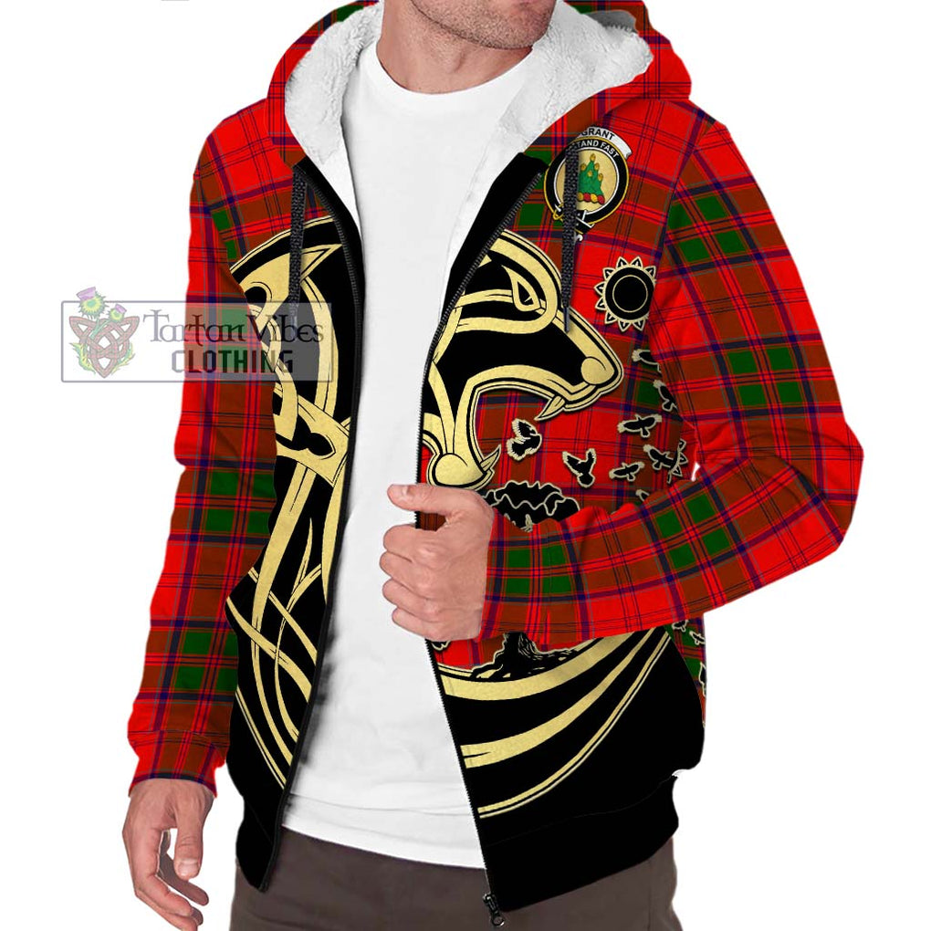 Grant Modern Tartan Sherpa Hoodie with Family Crest Celtic Wolf Style Unisex S - Tartan Vibes Clothing