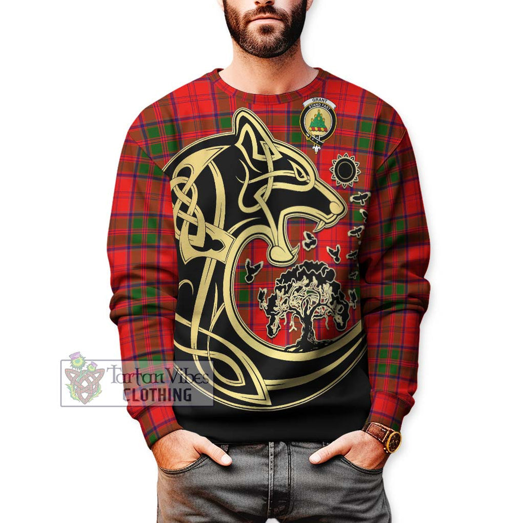 Grant Modern Tartan Sweatshirt with Family Crest Celtic Wolf Style Unisex - Tartan Vibes Clothing