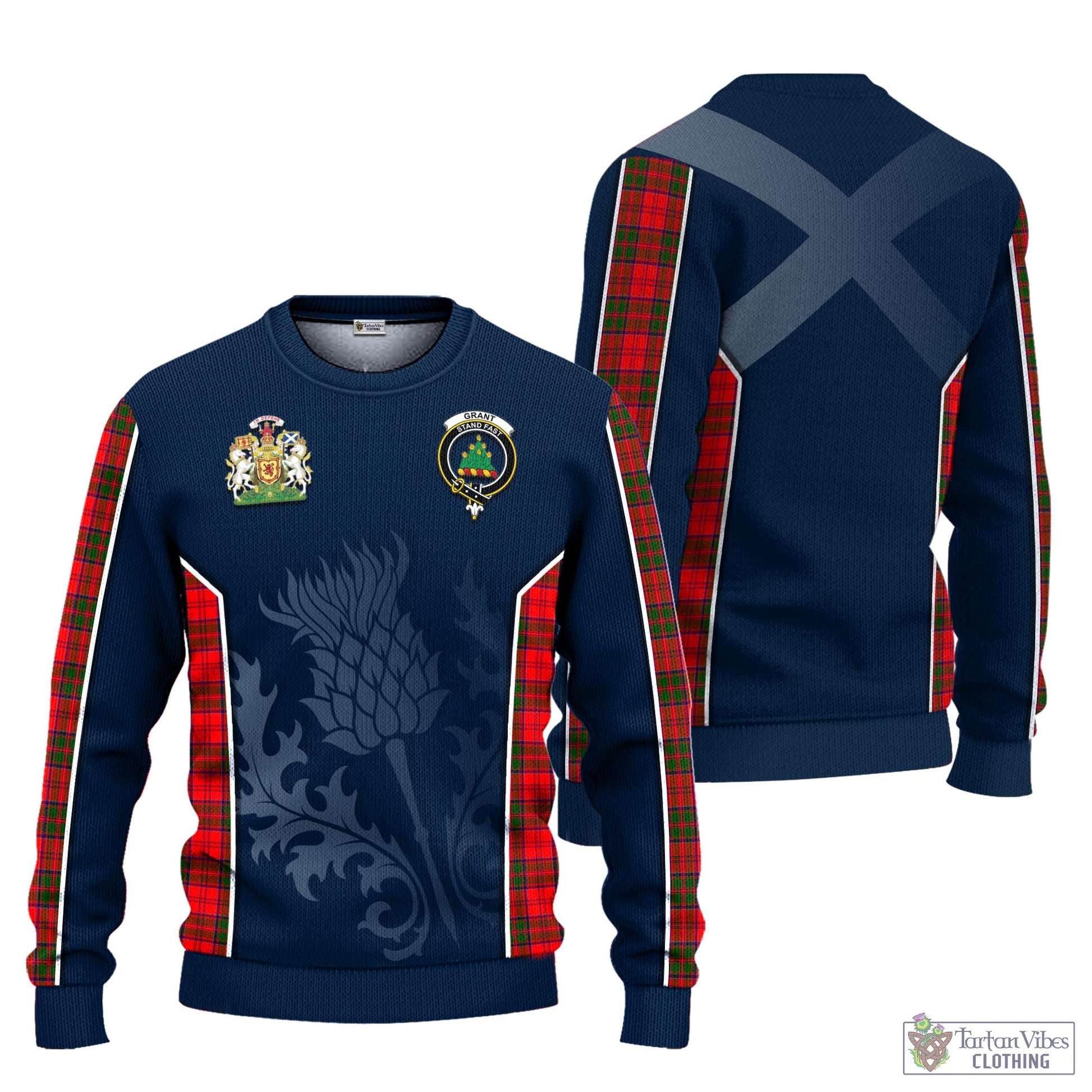 Tartan Vibes Clothing Grant Modern Tartan Knitted Sweatshirt with Family Crest and Scottish Thistle Vibes Sport Style