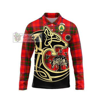 Grant Modern Tartan Long Sleeve Polo Shirt with Family Crest Celtic Wolf Style