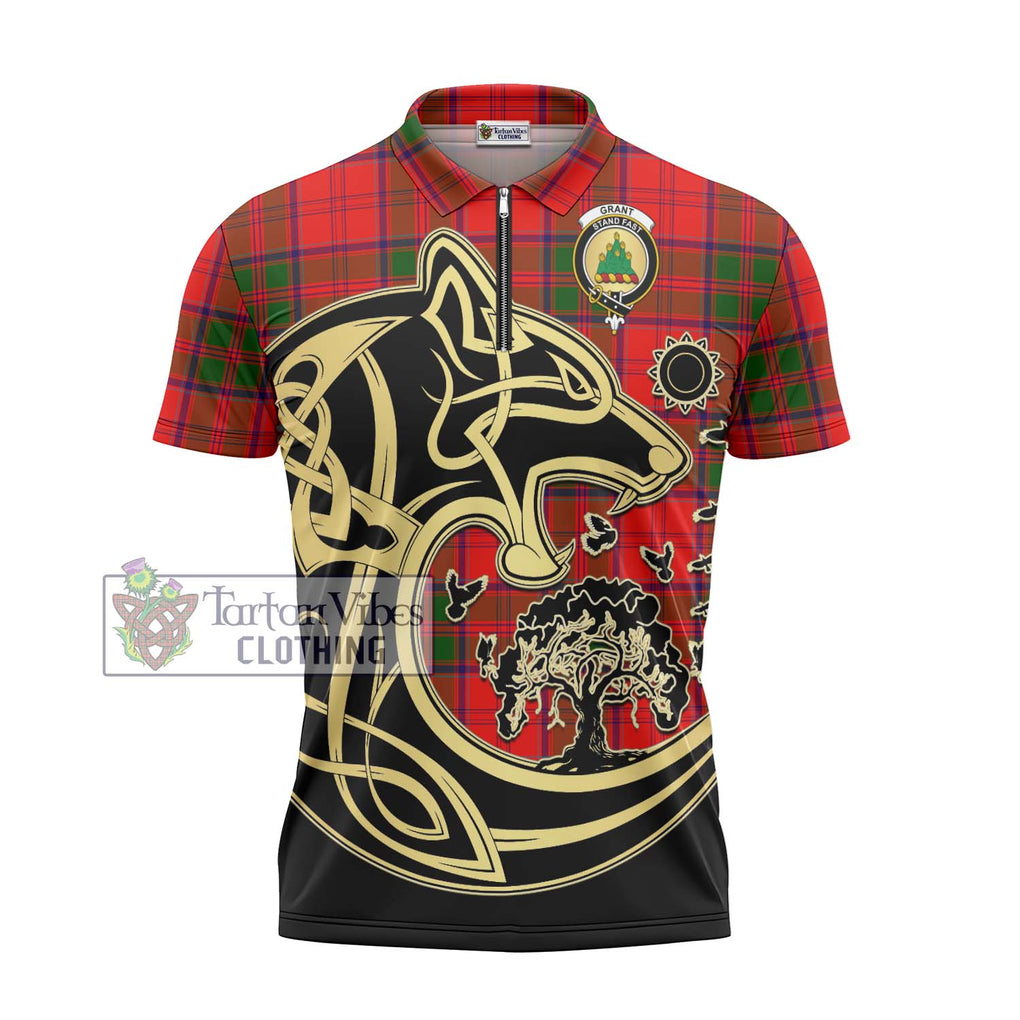 Grant Modern Tartan Zipper Polo Shirt with Family Crest Celtic Wolf Style - Tartanvibesclothing Shop