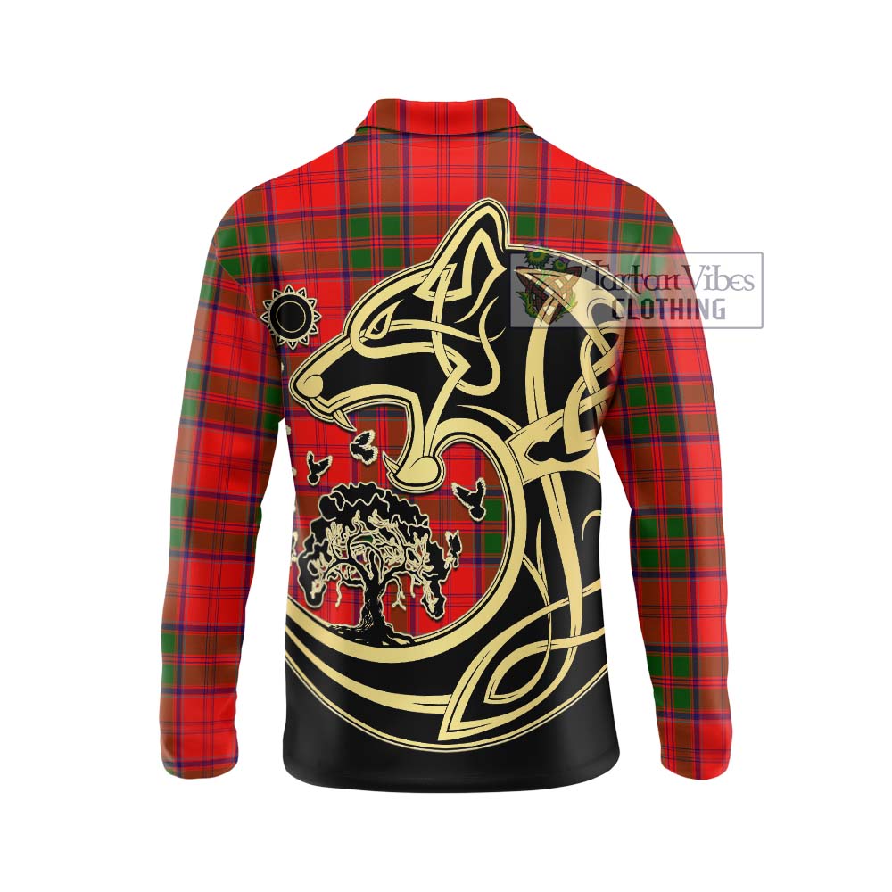 Grant Modern Tartan Long Sleeve Polo Shirt with Family Crest Celtic Wolf Style - Tartanvibesclothing Shop