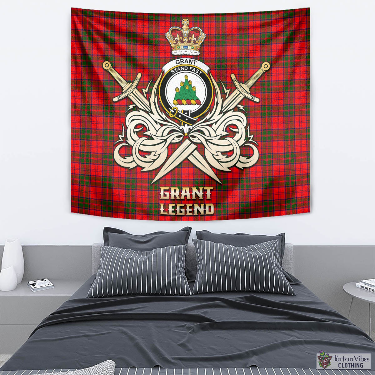 Tartan Vibes Clothing Grant Modern Tartan Tapestry with Clan Crest and the Golden Sword of Courageous Legacy