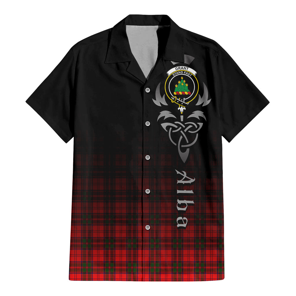 Tartan Vibes Clothing Grant Modern Tartan Short Sleeve Button Up Featuring Alba Gu Brath Family Crest Celtic Inspired