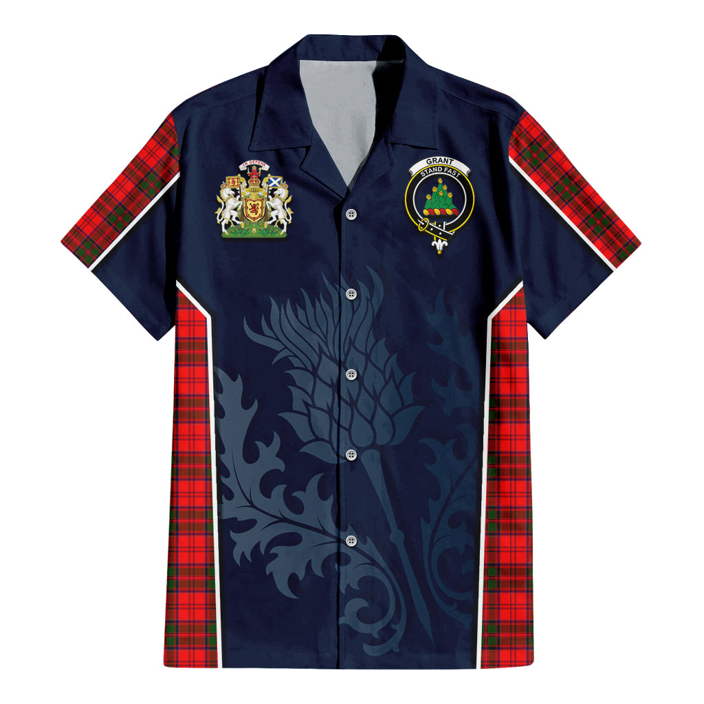 Tartan Vibes Clothing Grant Modern Tartan Short Sleeve Button Up Shirt with Family Crest and Scottish Thistle Vibes Sport Style