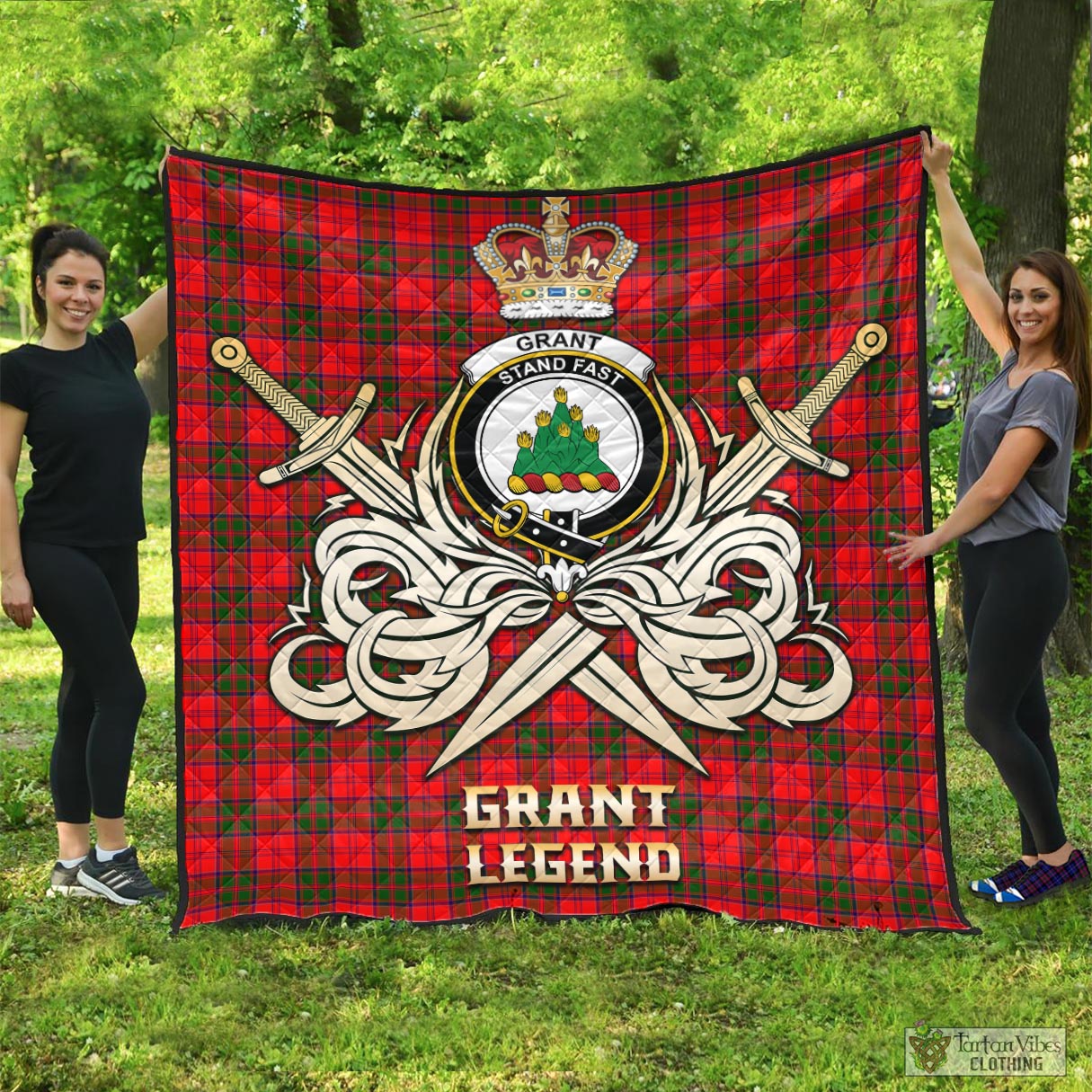 Tartan Vibes Clothing Grant Modern Tartan Quilt with Clan Crest and the Golden Sword of Courageous Legacy