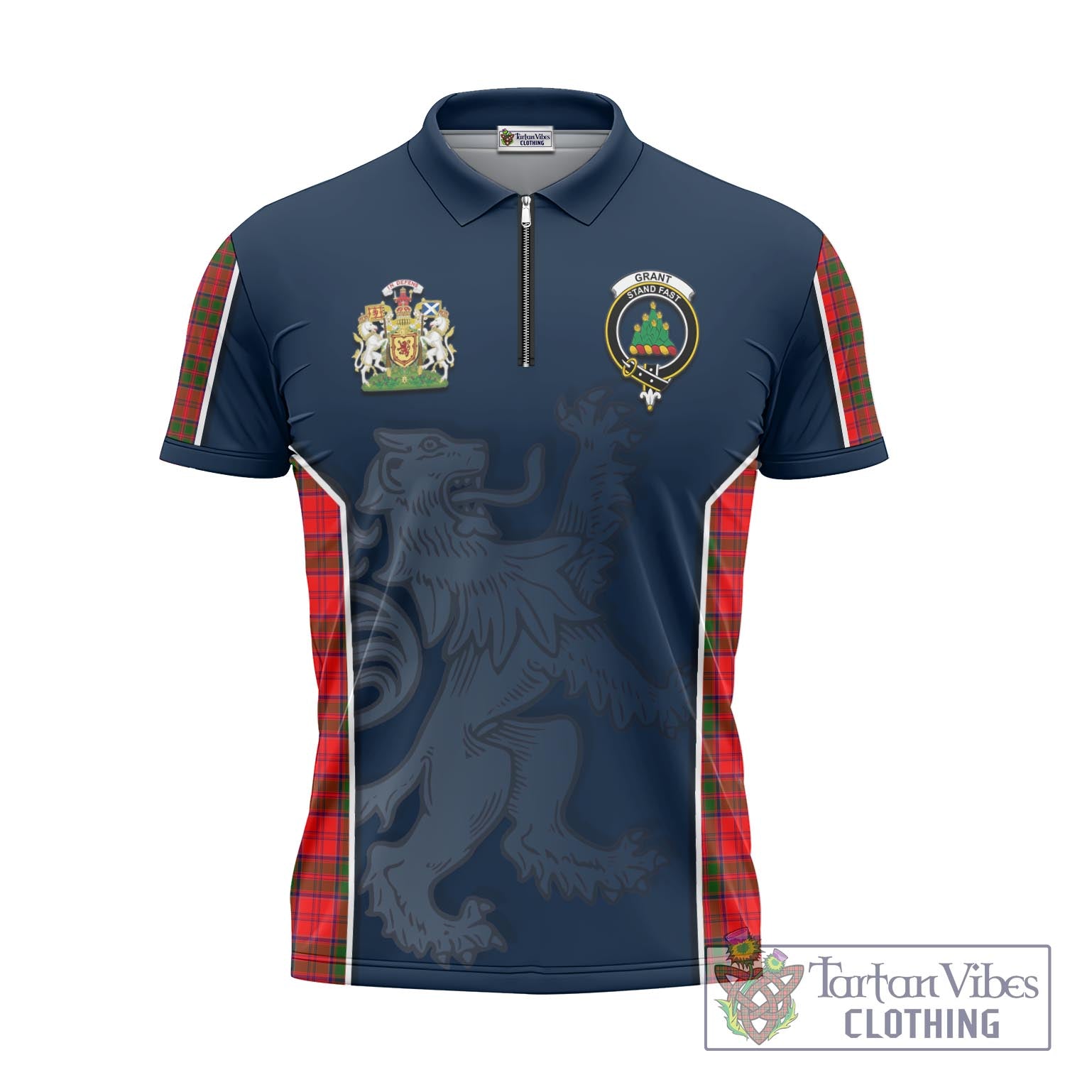 Tartan Vibes Clothing Grant Modern Tartan Zipper Polo Shirt with Family Crest and Lion Rampant Vibes Sport Style