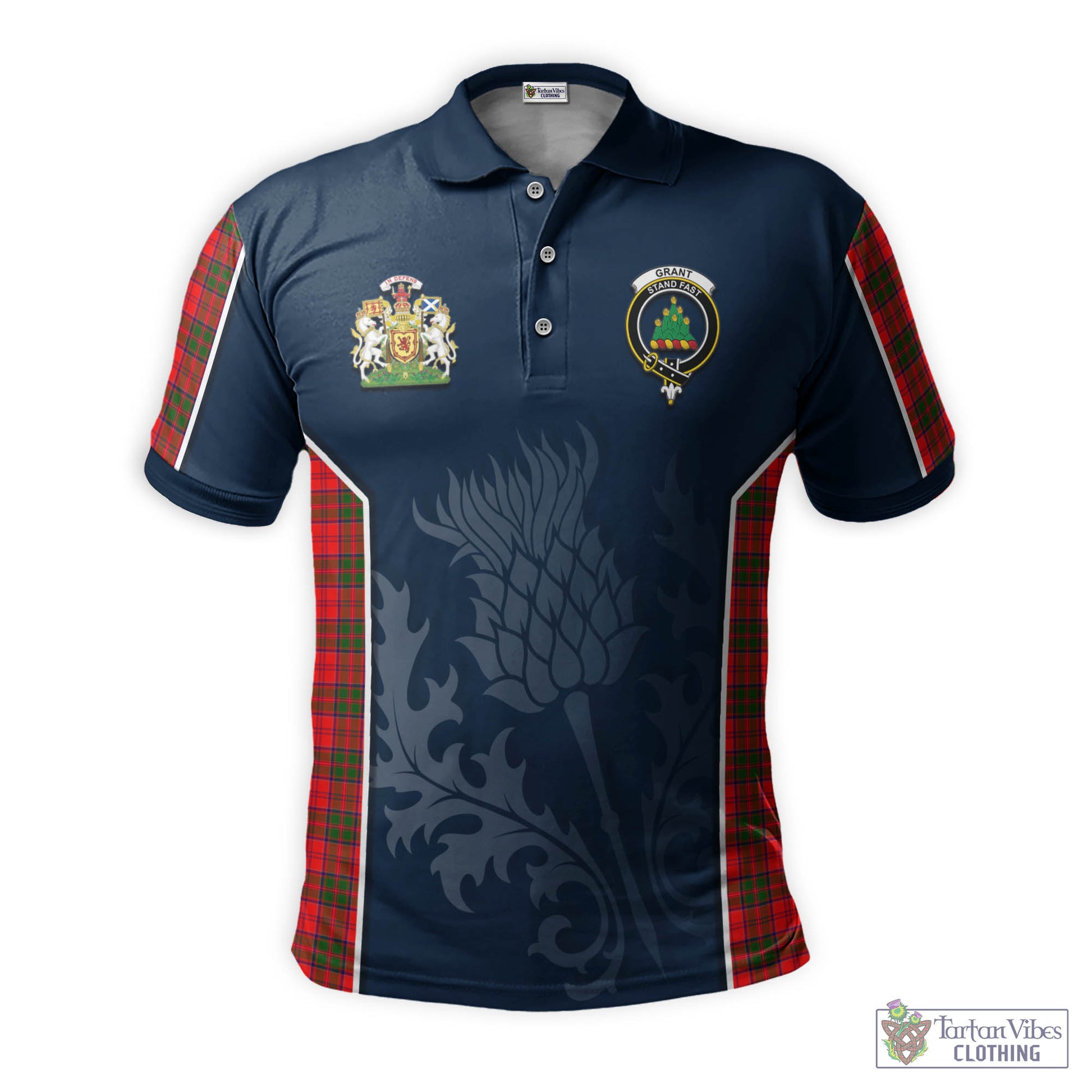 Tartan Vibes Clothing Grant Modern Tartan Men's Polo Shirt with Family Crest and Scottish Thistle Vibes Sport Style