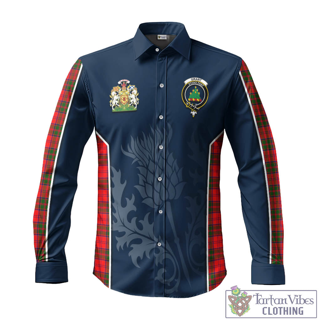 Tartan Vibes Clothing Grant Modern Tartan Long Sleeve Button Up Shirt with Family Crest and Scottish Thistle Vibes Sport Style