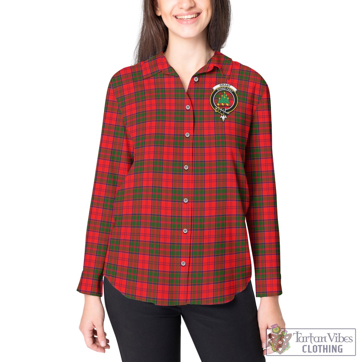 Tartan Vibes Clothing Grant Modern Tartan Womens Casual Shirt with Family Crest