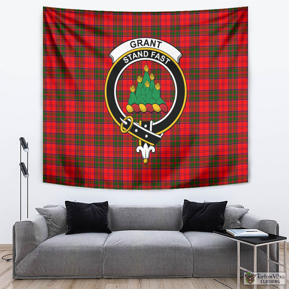 Tartan Vibes Clothing Grant Modern Tartan Tapestry Wall Hanging and Home Decor for Room with Family Crest