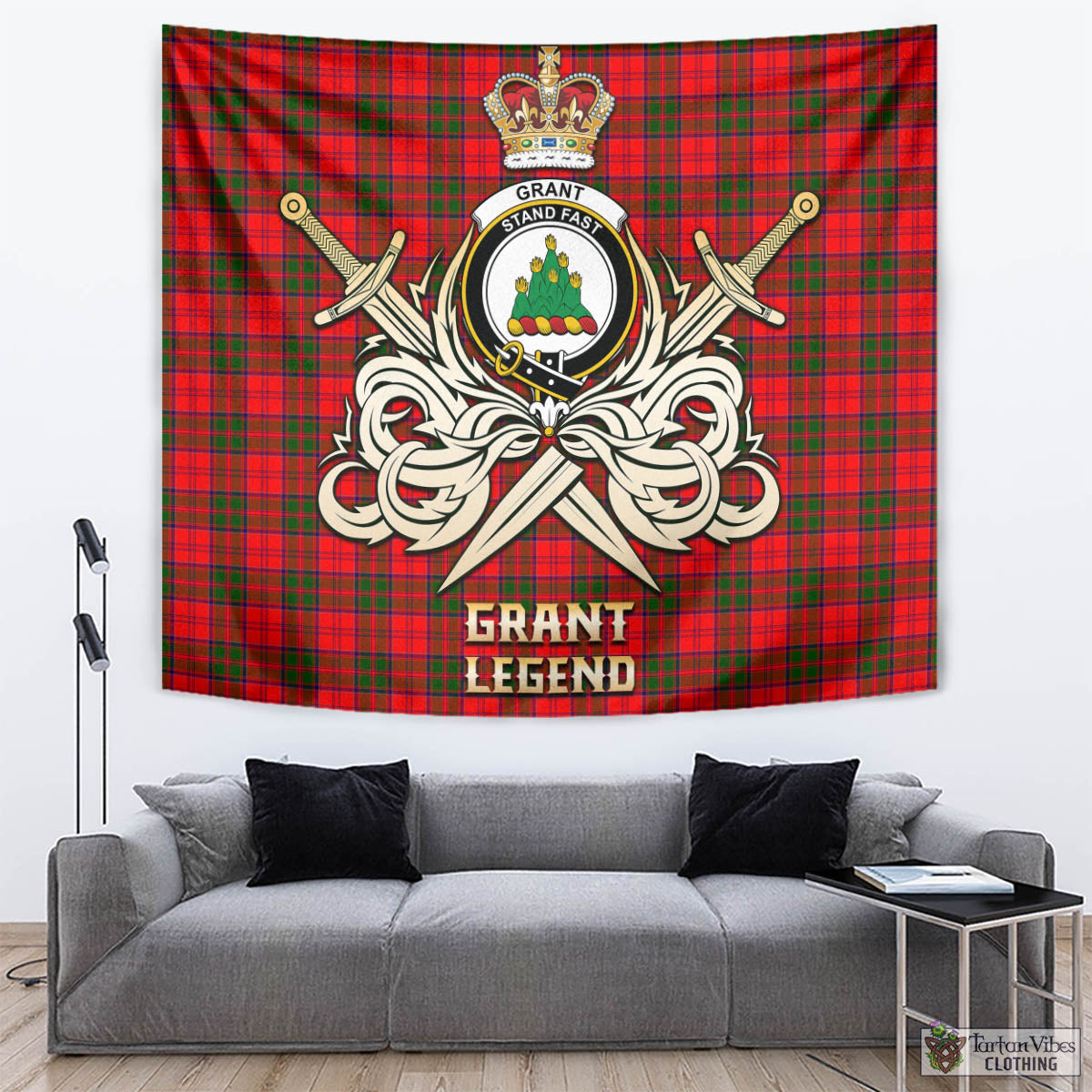 Tartan Vibes Clothing Grant Modern Tartan Tapestry with Clan Crest and the Golden Sword of Courageous Legacy