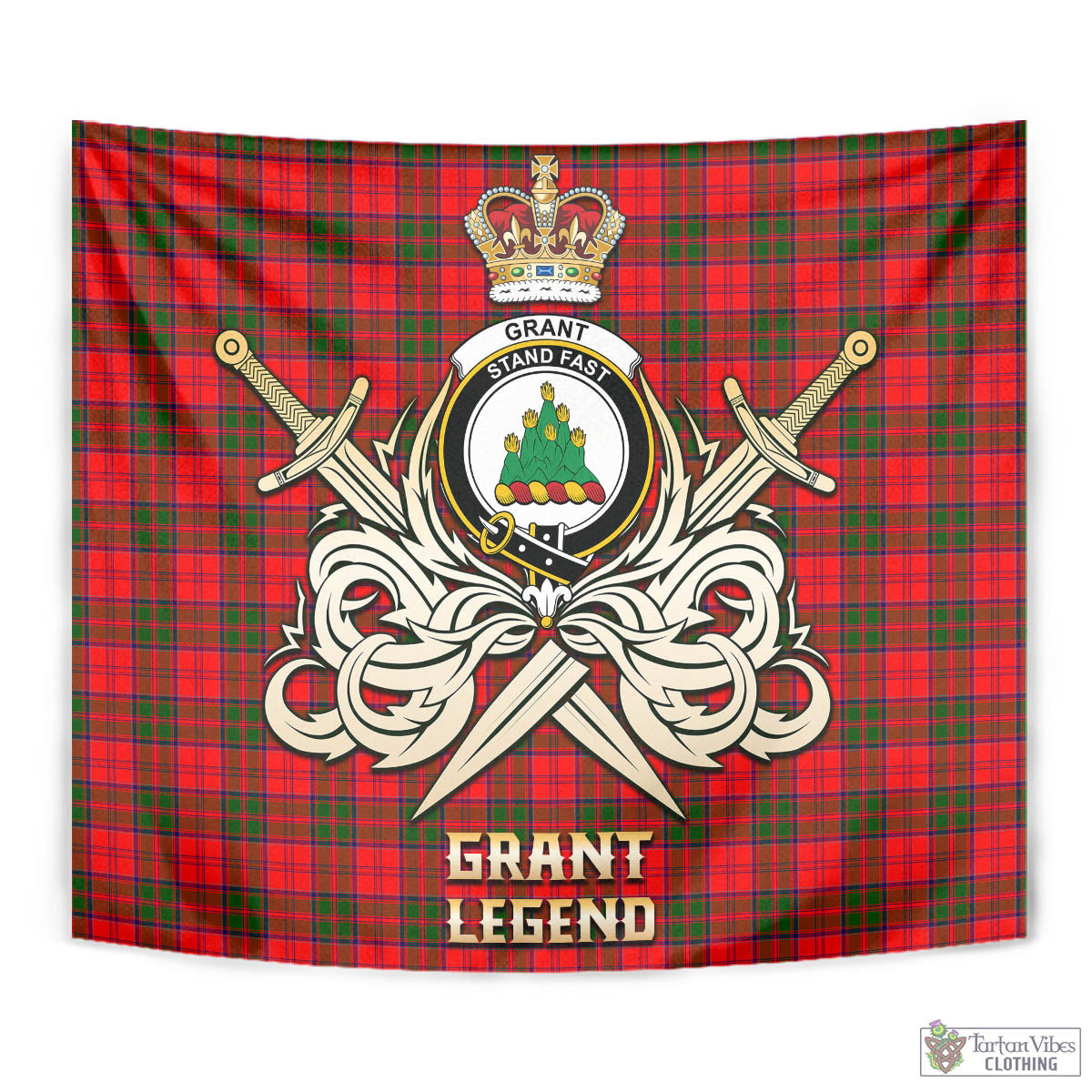 Tartan Vibes Clothing Grant Modern Tartan Tapestry with Clan Crest and the Golden Sword of Courageous Legacy