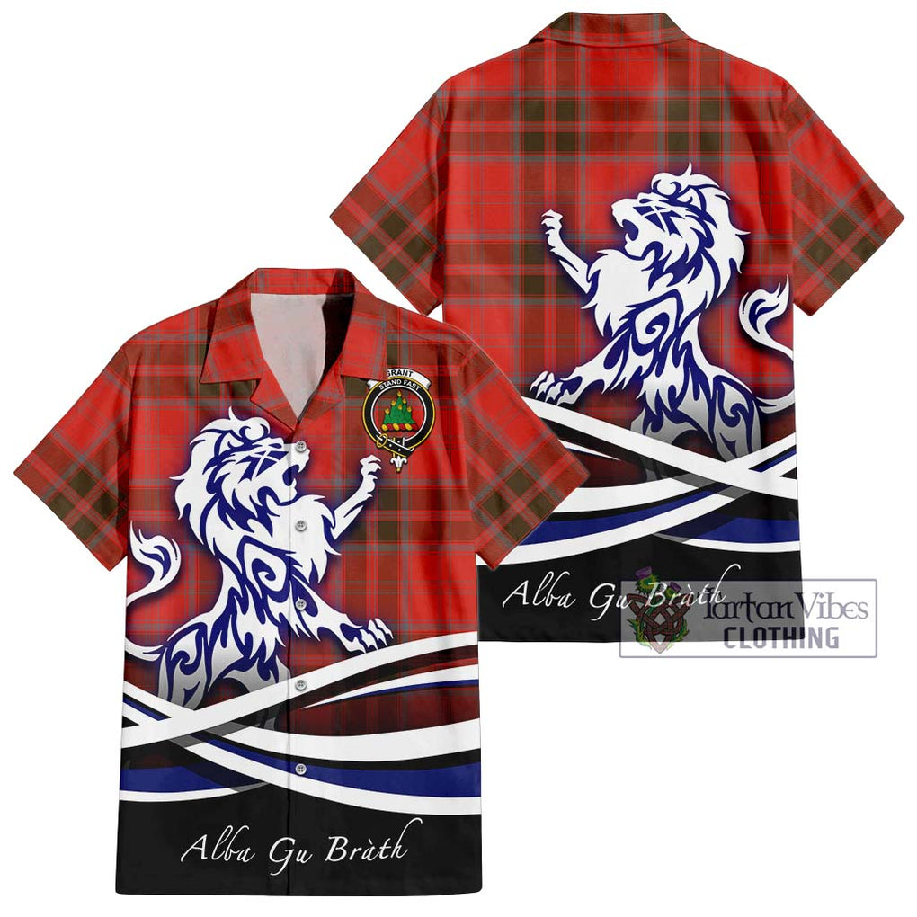 Grant Weathered Tartan Short Sleeve Button Shirt with Alba Gu Brath Regal Lion Emblem Kid - Tartanvibesclothing Shop