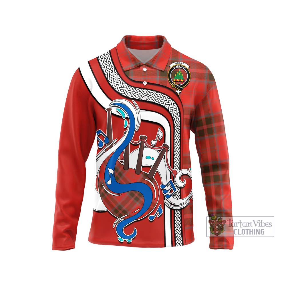 Tartan Vibes Clothing Grant Weathered Tartan Long Sleeve Polo Shirt with Epic Bagpipe Style