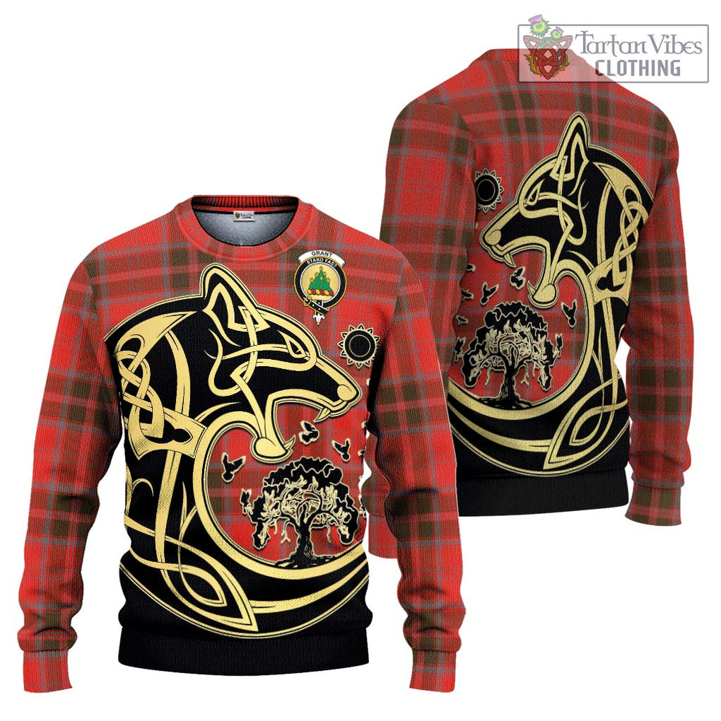 Grant Weathered Tartan Knitted Sweater with Family Crest Celtic Wolf Style Unisex - Tartan Vibes Clothing