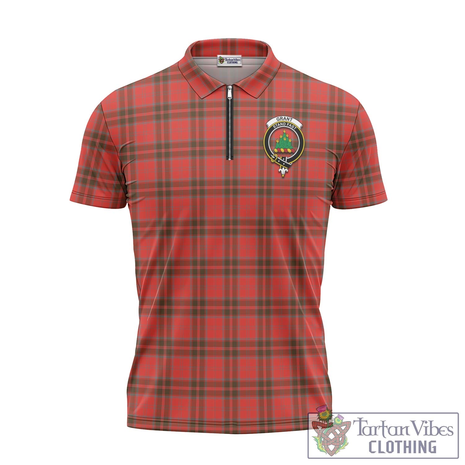 Tartan Vibes Clothing Grant Weathered Tartan Zipper Polo Shirt with Family Crest