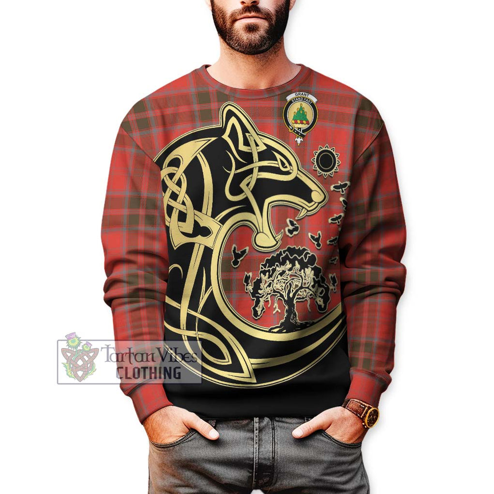 Grant Weathered Tartan Sweatshirt with Family Crest Celtic Wolf Style Unisex - Tartan Vibes Clothing