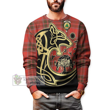 Grant Weathered Tartan Sweatshirt with Family Crest Celtic Wolf Style