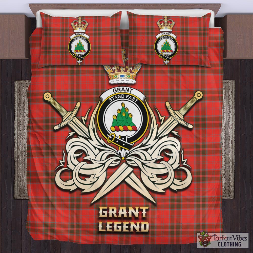 Tartan Vibes Clothing Grant Weathered Tartan Bedding Set with Clan Crest and the Golden Sword of Courageous Legacy