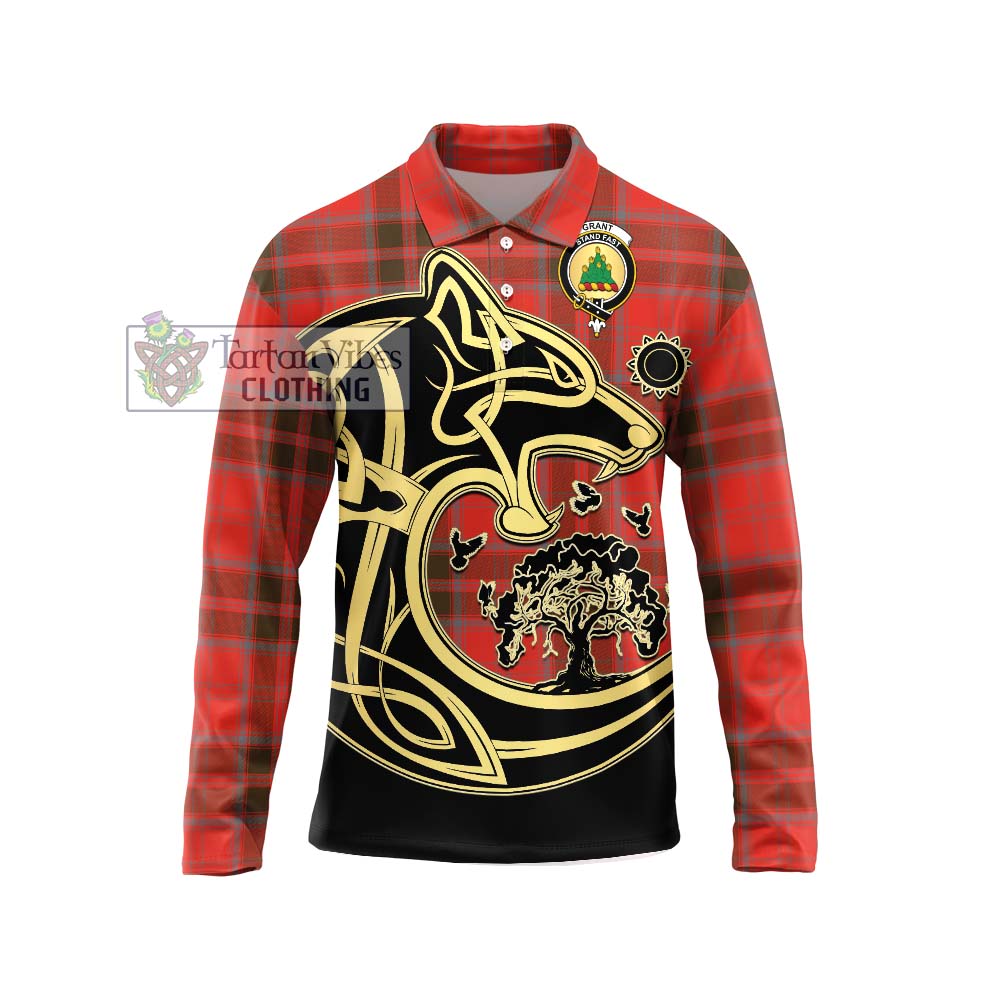 Grant Weathered Tartan Long Sleeve Polo Shirt with Family Crest Celtic Wolf Style Unisex - Tartanvibesclothing Shop