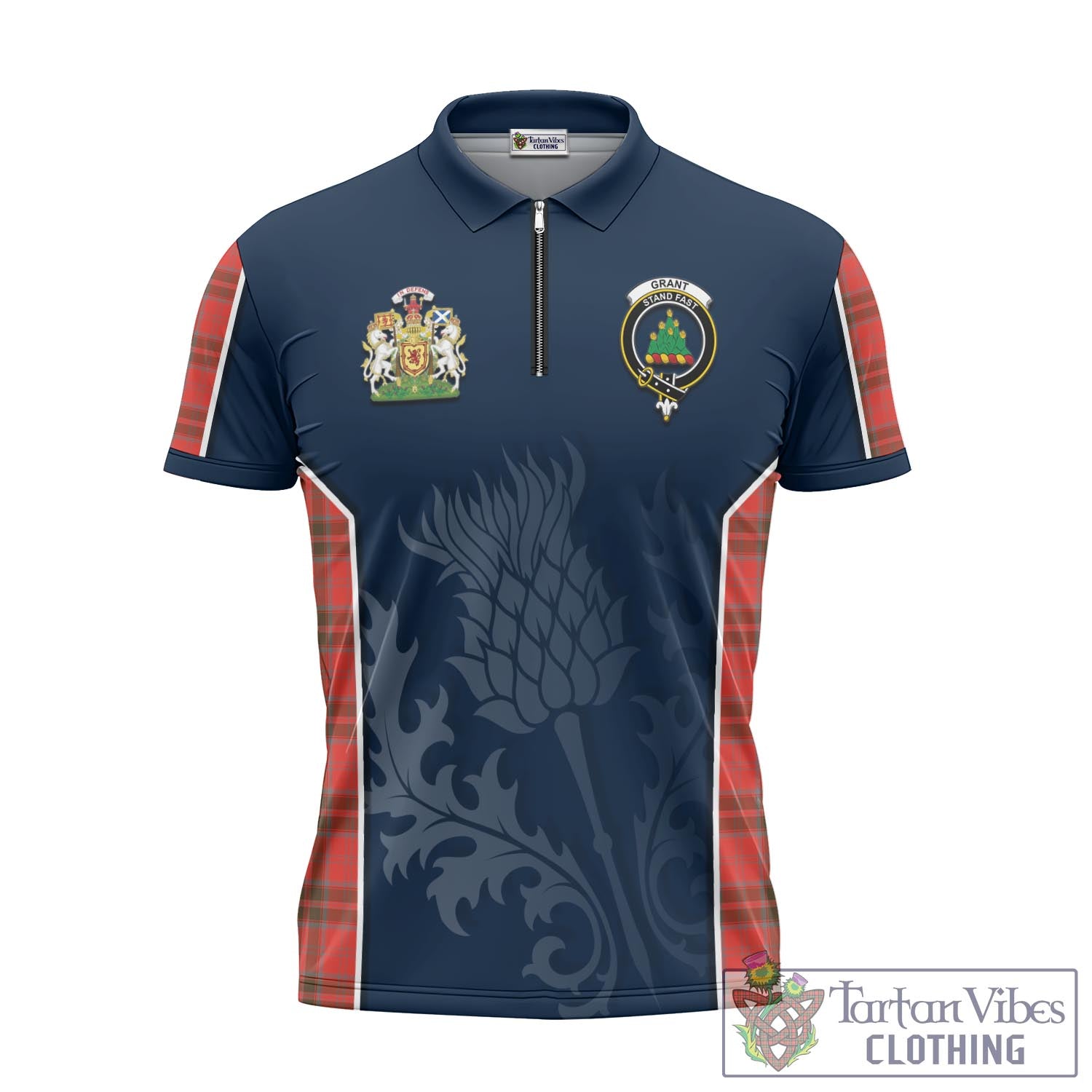 Tartan Vibes Clothing Grant Weathered Tartan Zipper Polo Shirt with Family Crest and Scottish Thistle Vibes Sport Style