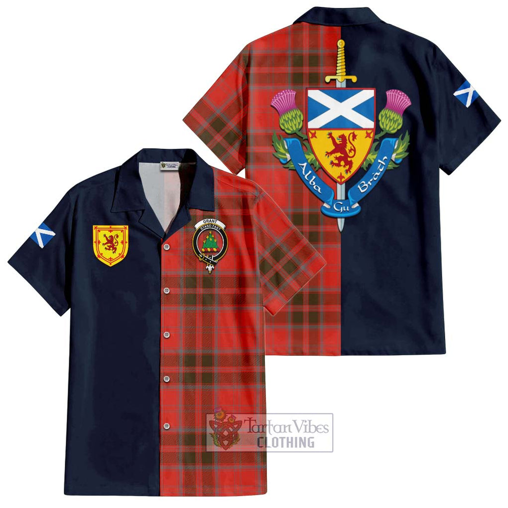 Tartan Vibes Clothing Grant Weathered Tartan Short Sleeve Button Shirt with Scottish Lion Royal Arm Half Style