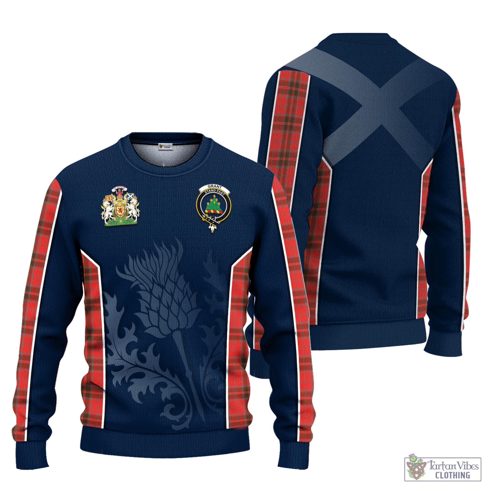 Tartan Vibes Clothing Grant Weathered Tartan Knitted Sweatshirt with Family Crest and Scottish Thistle Vibes Sport Style