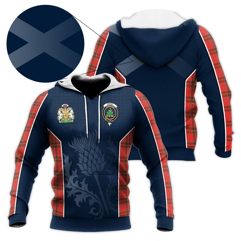 Tartan Vibes Clothing Grant Weathered Tartan Knitted Hoodie with Family Crest and Scottish Thistle Vibes Sport Style