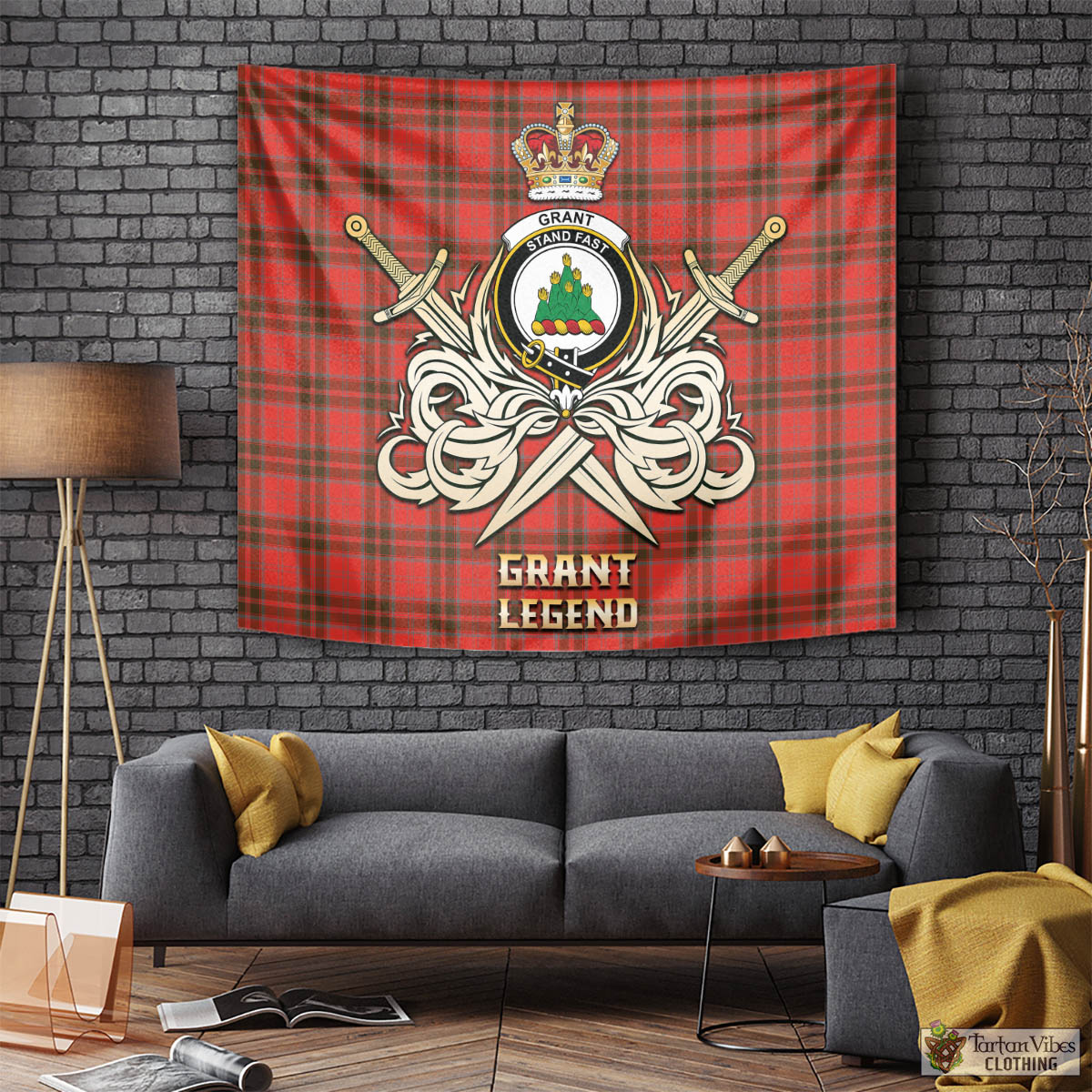 Tartan Vibes Clothing Grant Weathered Tartan Tapestry with Clan Crest and the Golden Sword of Courageous Legacy