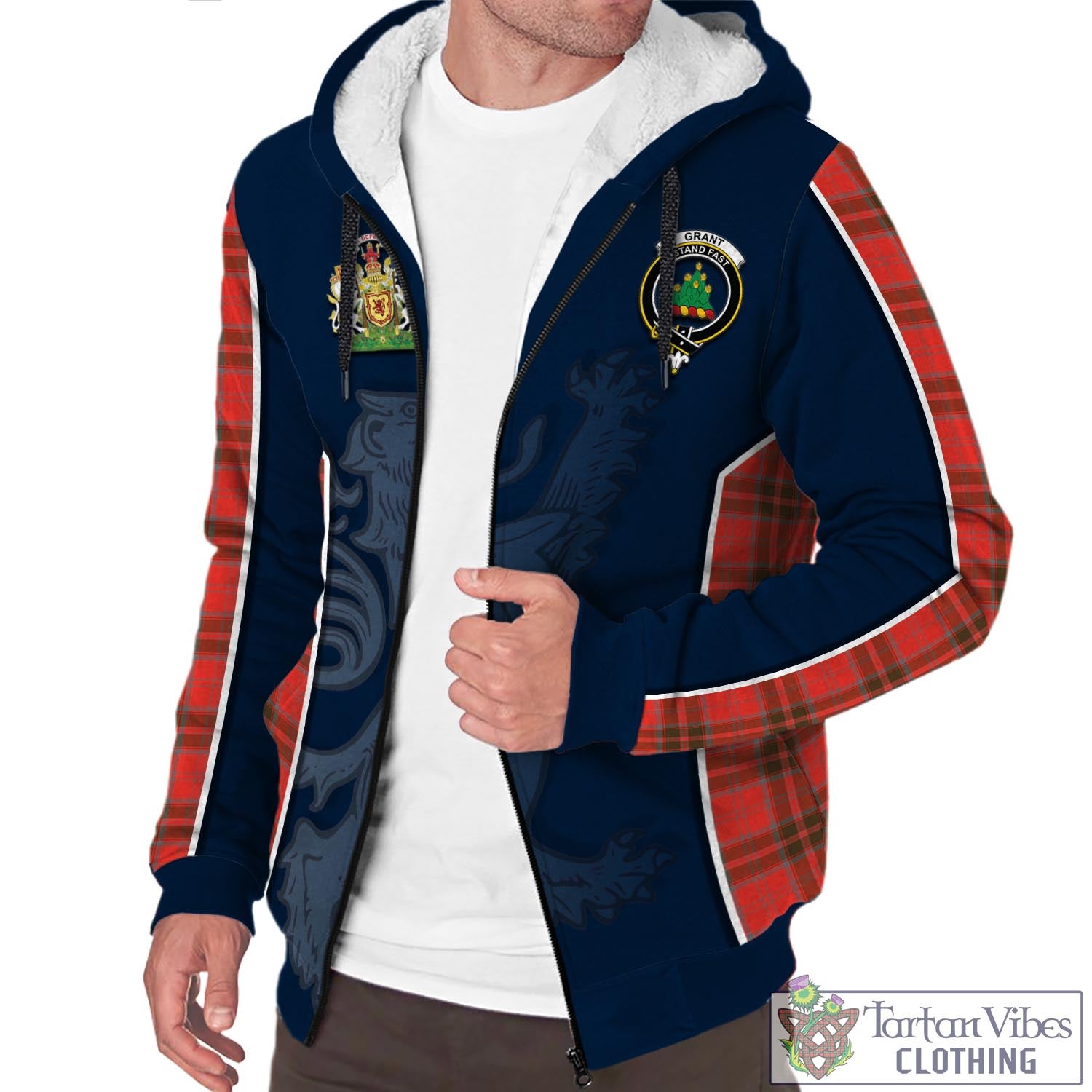 Tartan Vibes Clothing Grant Weathered Tartan Sherpa Hoodie with Family Crest and Lion Rampant Vibes Sport Style