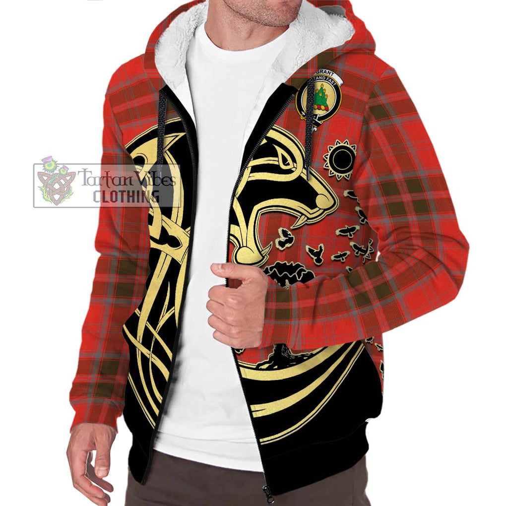 Grant Weathered Tartan Sherpa Hoodie with Family Crest Celtic Wolf Style Unisex S - Tartan Vibes Clothing