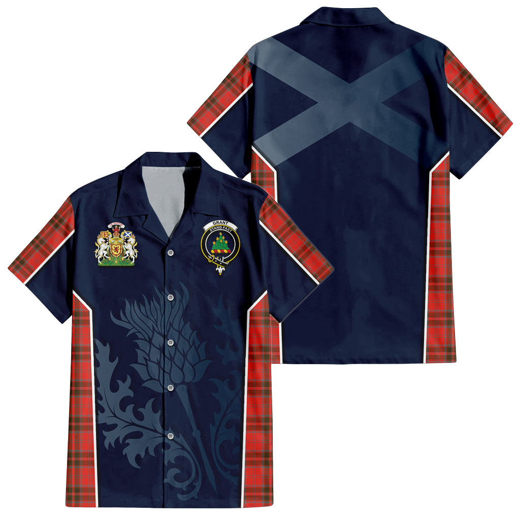 Tartan Vibes Clothing Grant Weathered Tartan Short Sleeve Button Up Shirt with Family Crest and Scottish Thistle Vibes Sport Style