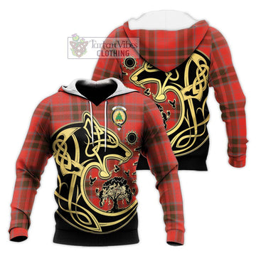 Grant Weathered Tartan Knitted Hoodie with Family Crest Celtic Wolf Style