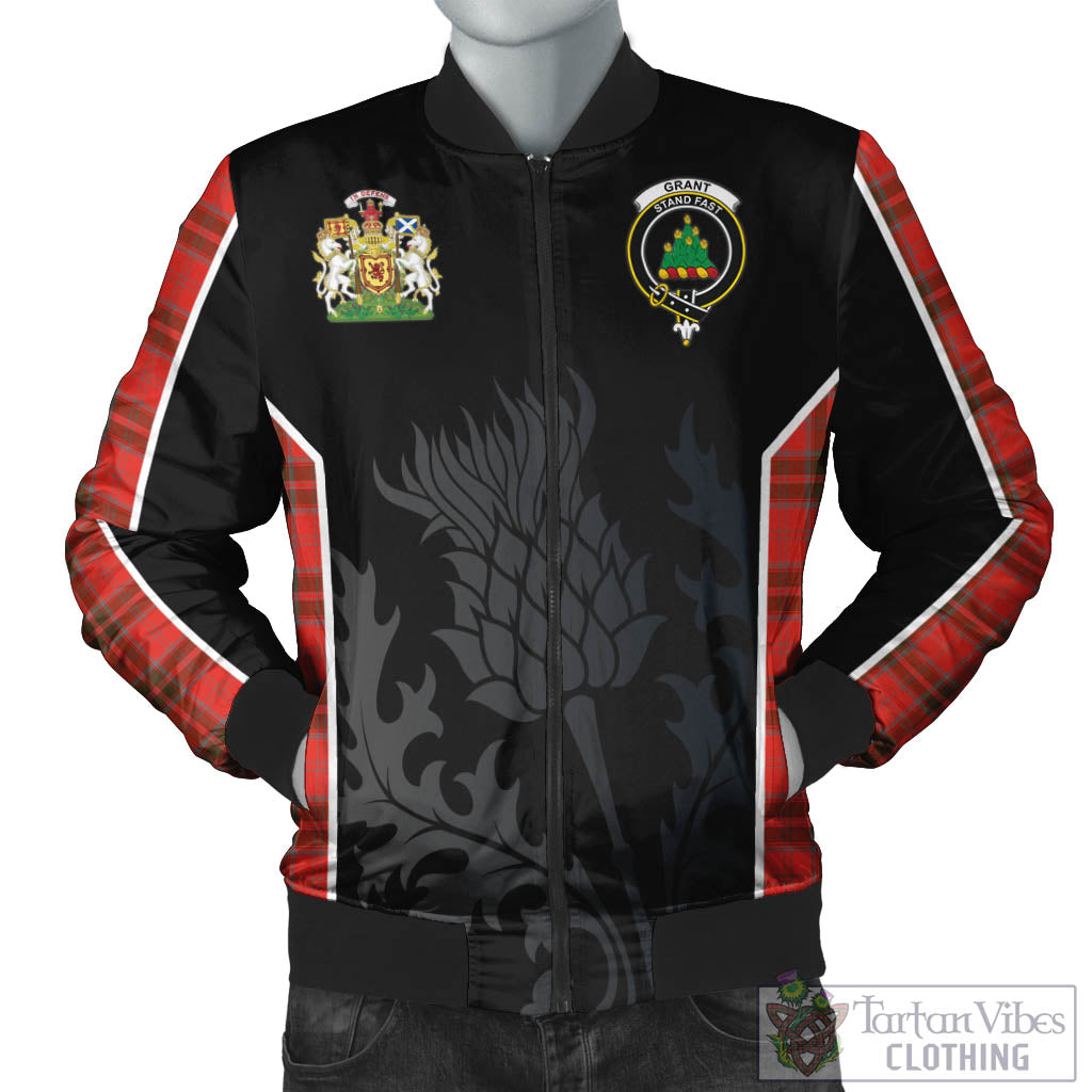 Tartan Vibes Clothing Grant Weathered Tartan Bomber Jacket with Family Crest and Scottish Thistle Vibes Sport Style