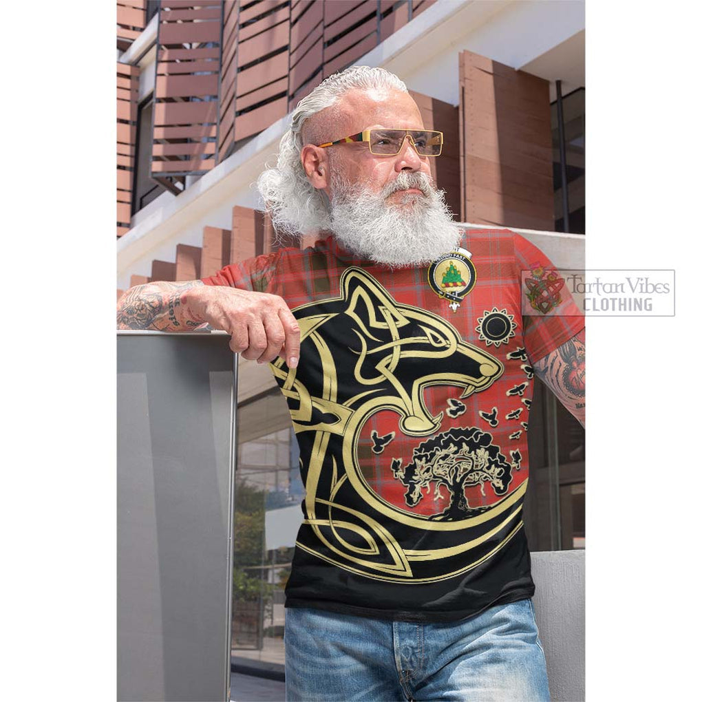 Tartan Vibes Clothing Grant Weathered Tartan Cotton T-shirt with Family Crest Celtic Wolf Style