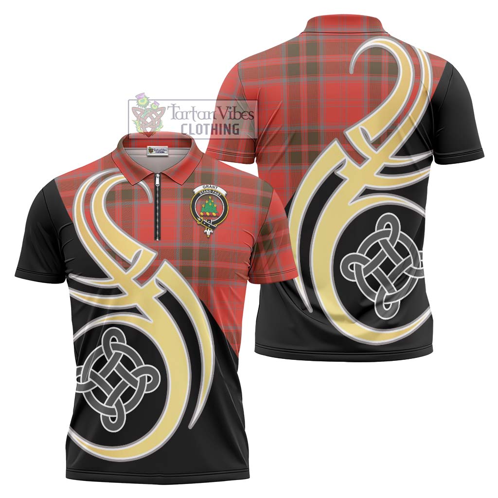 Tartan Vibes Clothing Grant Weathered Tartan Zipper Polo Shirt with Family Crest and Celtic Symbol Style