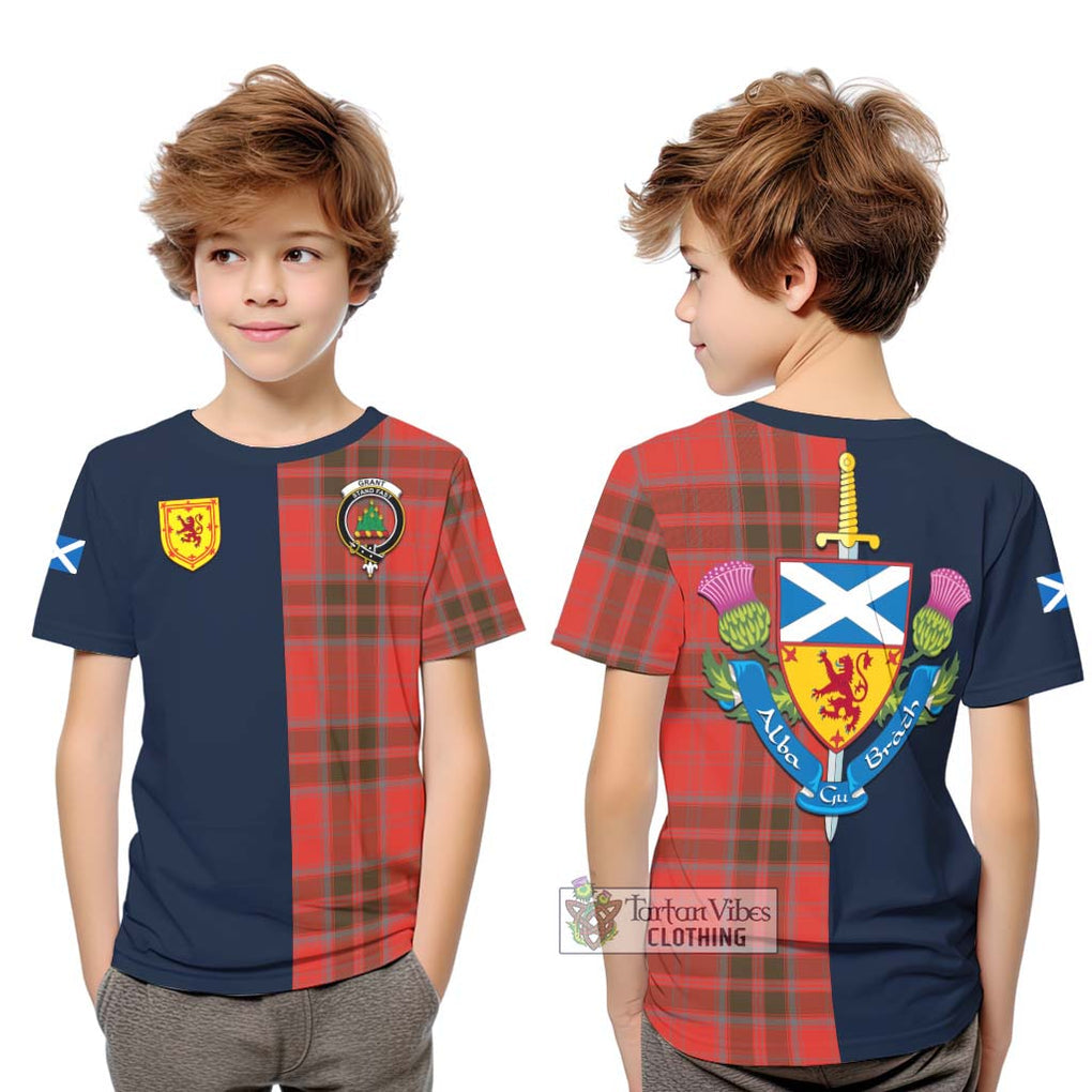 Tartan Vibes Clothing Grant Weathered Tartan Kid T-Shirt with Scottish Lion Royal Arm Half Style