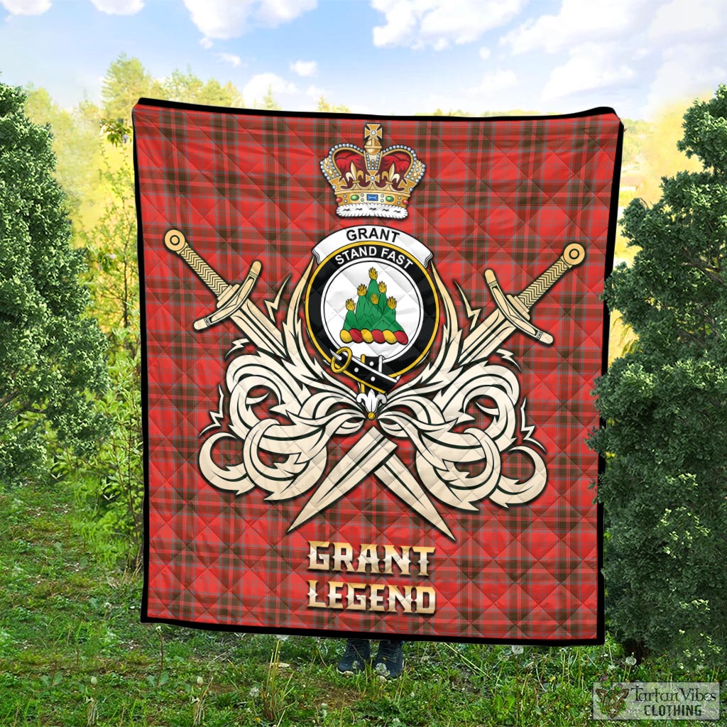 Tartan Vibes Clothing Grant Weathered Tartan Quilt with Clan Crest and the Golden Sword of Courageous Legacy