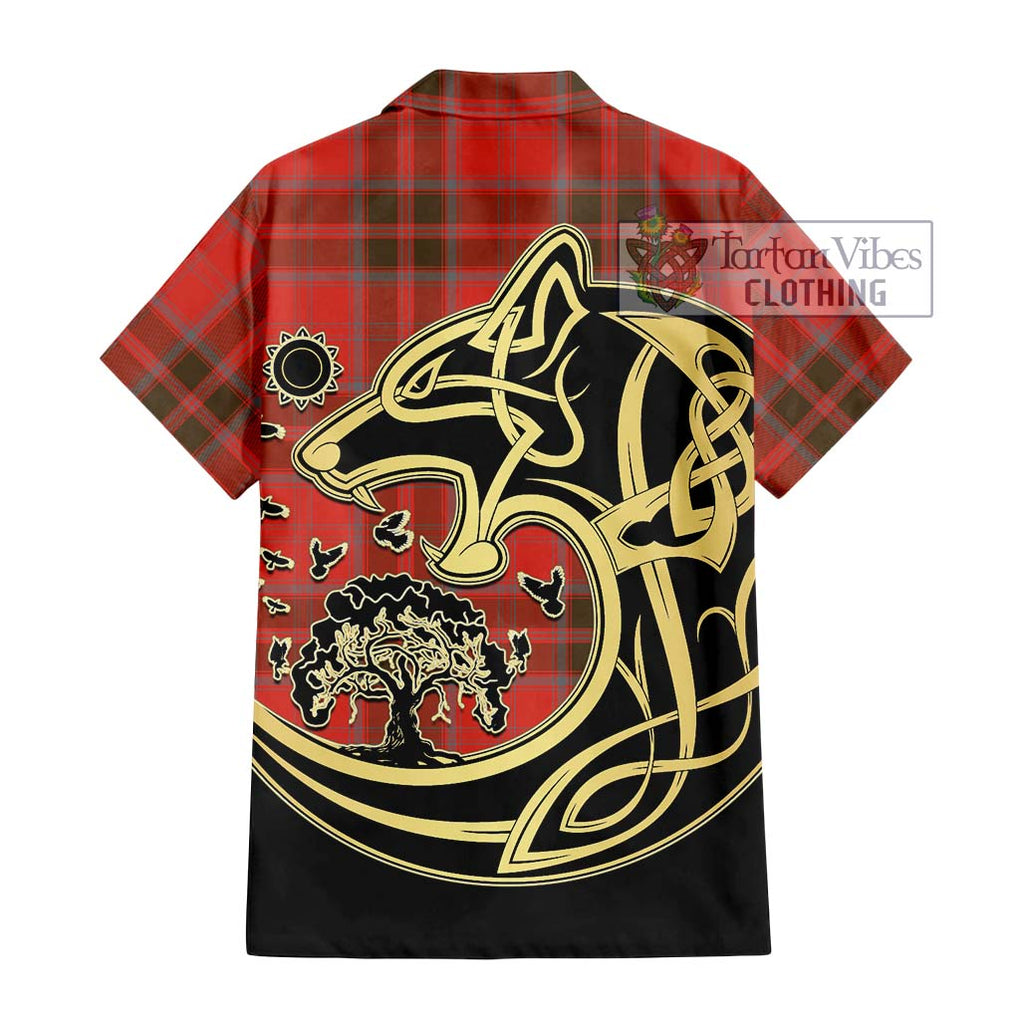 Grant Weathered Tartan Short Sleeve Button Shirt with Family Crest Celtic Wolf Style - Tartan Vibes Clothing