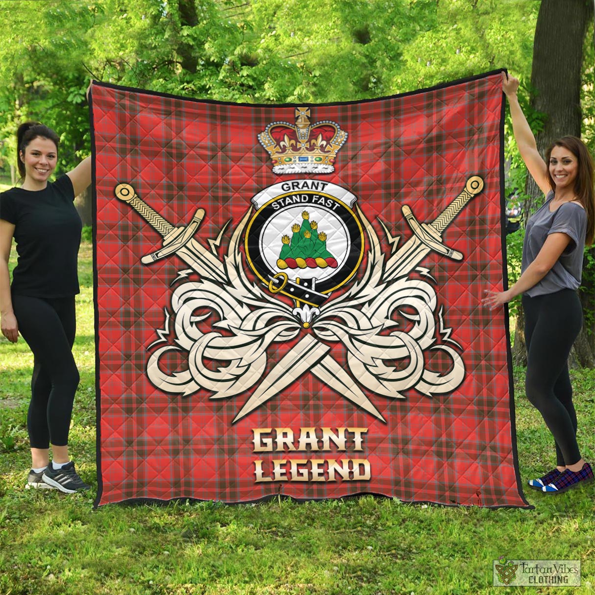 Tartan Vibes Clothing Grant Weathered Tartan Quilt with Clan Crest and the Golden Sword of Courageous Legacy