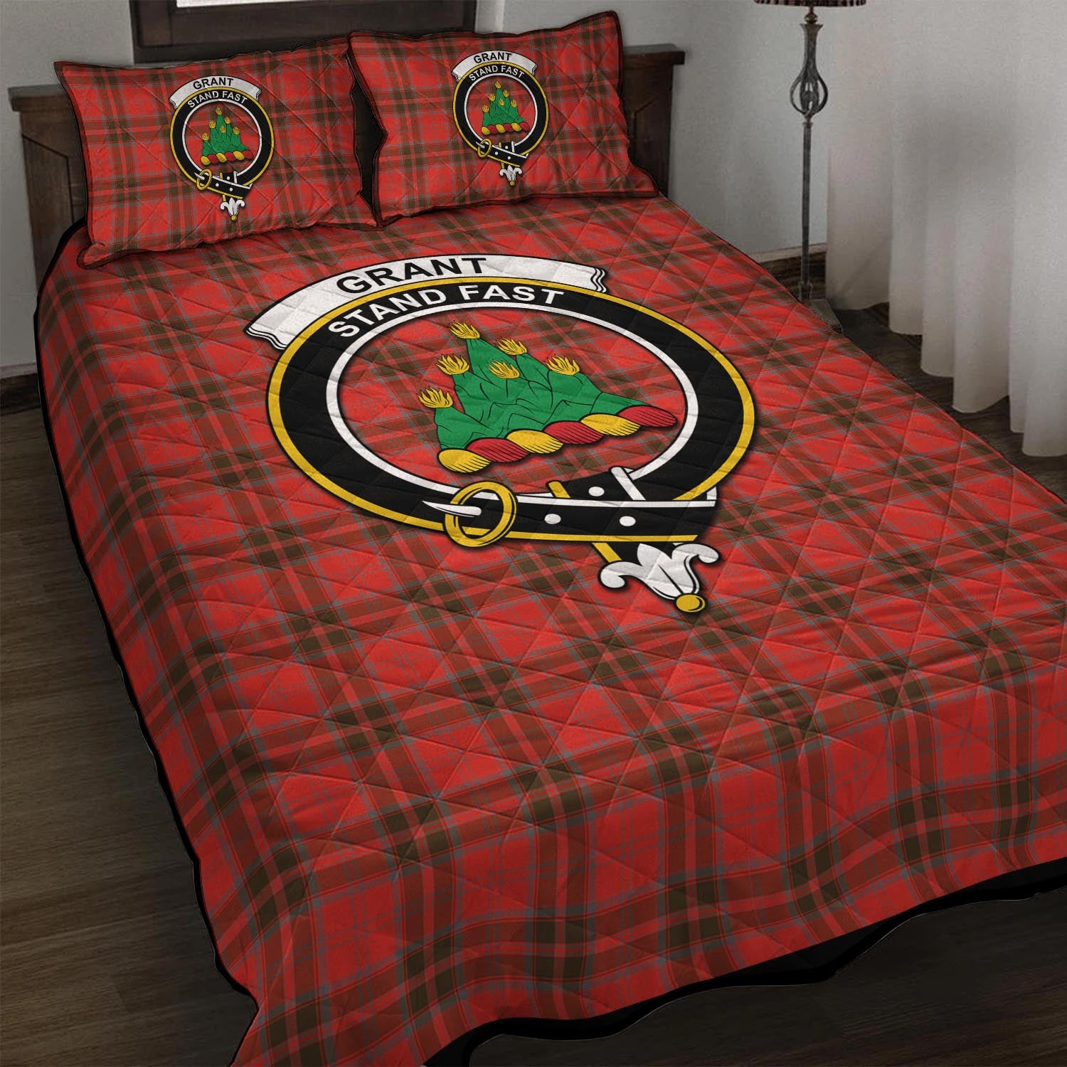 Grant Weathered Tartan Quilt Bed Set with Family Crest - Tartanvibesclothing