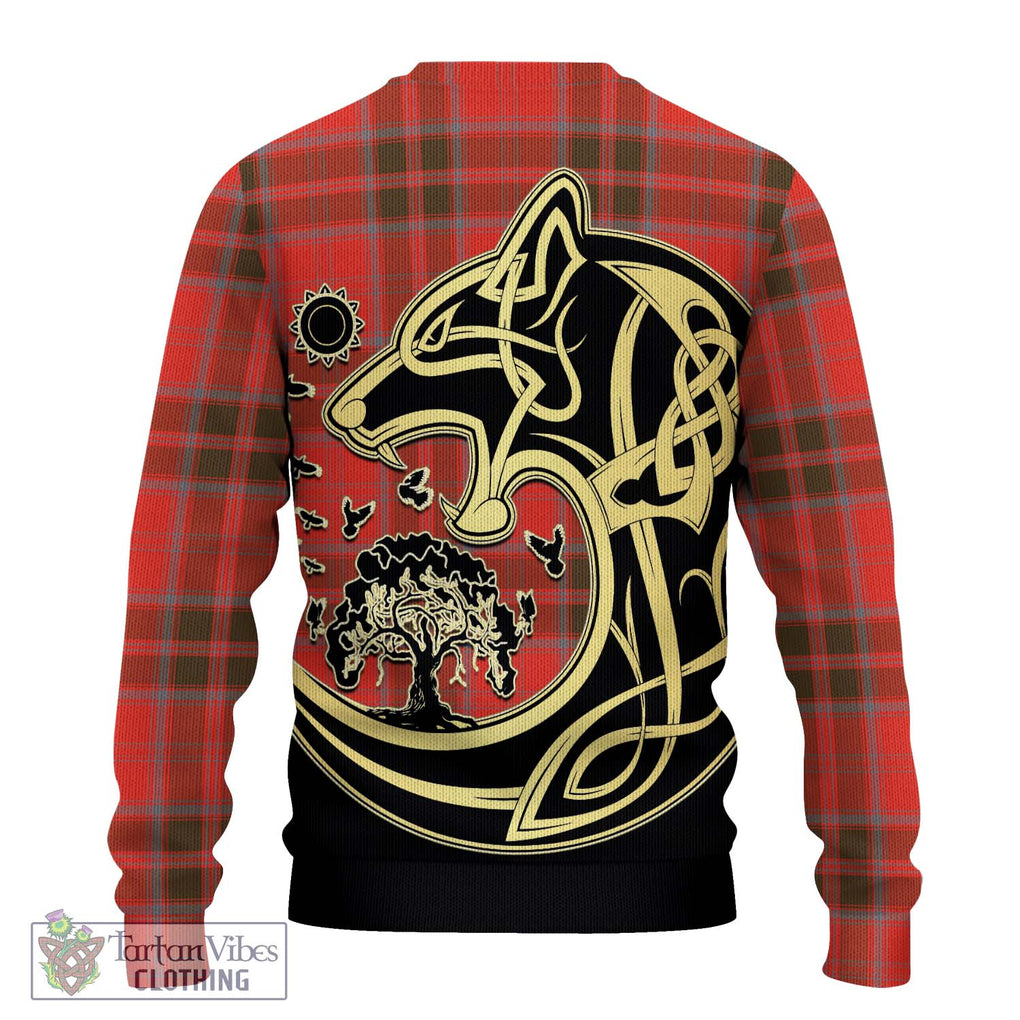 Grant Weathered Tartan Knitted Sweater with Family Crest Celtic Wolf Style - Tartan Vibes Clothing