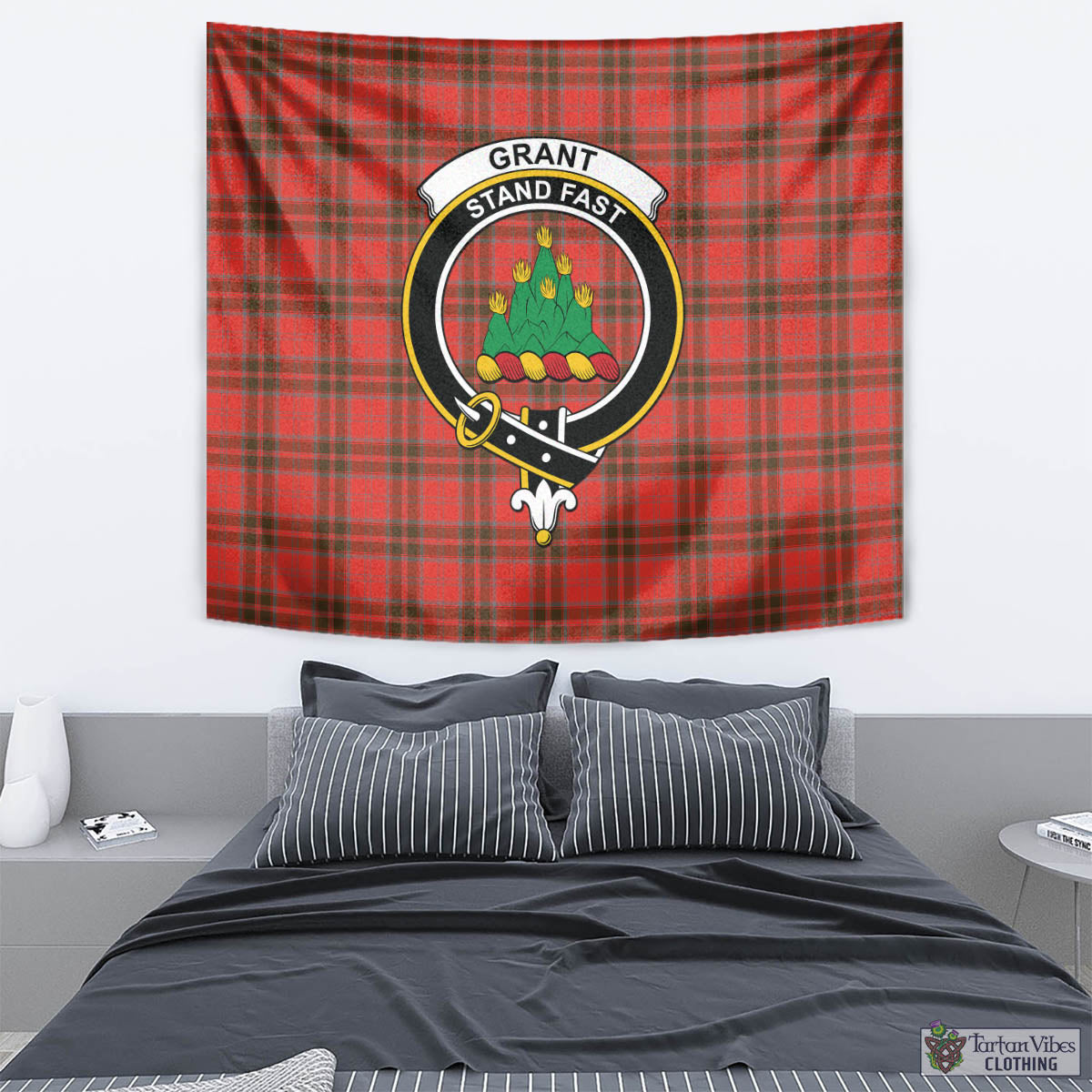 Tartan Vibes Clothing Grant Weathered Tartan Tapestry Wall Hanging and Home Decor for Room with Family Crest