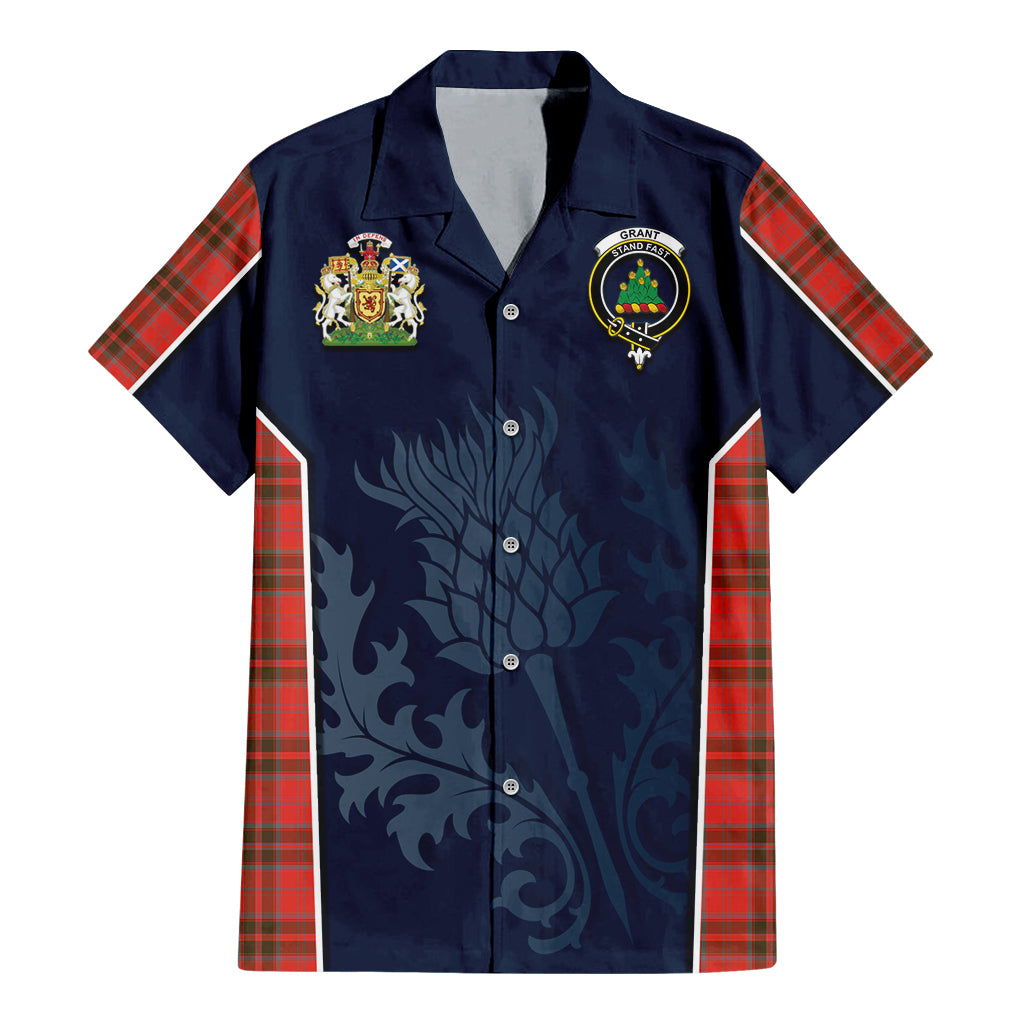 Tartan Vibes Clothing Grant Weathered Tartan Short Sleeve Button Up Shirt with Family Crest and Scottish Thistle Vibes Sport Style